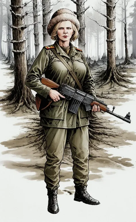 masterpiece, best quality, mature female, solo, a female soviet soldier holding an ak-47 standing in ashen woods, short blonde hair, Kalashnikov assault rifle, soviet military uniform, [ushanka] hat, highly detailed, intricate background, dead trees <lora:twilight2000-beta3-clpskp2-000018:1.0>