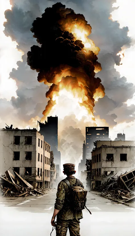 <lora:twilight2000-beta3-clpskp2-000018:0.9> masterpiece, best quality, tw2k4estyle, muted palette, detailed, intricate background, a nuclear bomb cloud erupts over a destroyed city