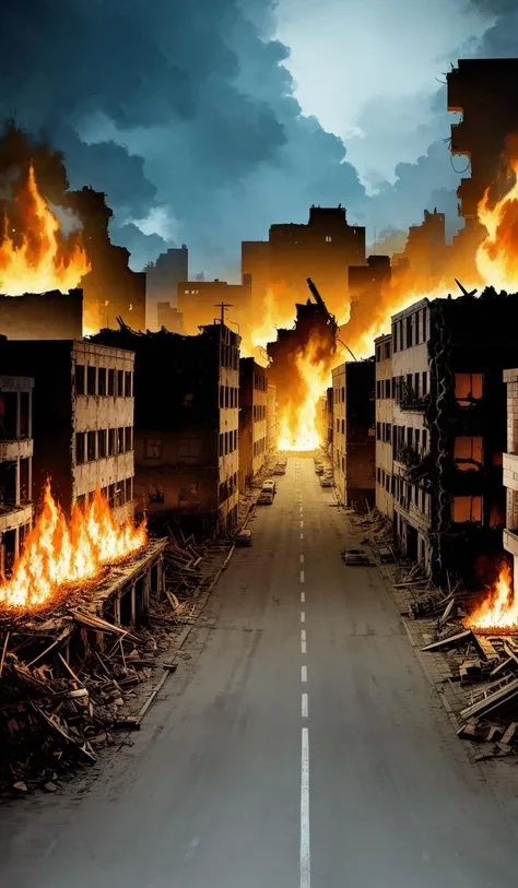 Scenery of Arafed town with a huge fire explosion and people walking around, apocalyptic 8 k, apocalyptic 8 k, ( apocalyptic ) 8 mil, Destroyed city on fire, realistic apocalyptic war scene, apocalyptic art, apocalyptic city backround, O mundo em chamas, apocalyptic scene, arte do apocalipse, destroyed city in the background, Cidade em chamas no fundo, city destruction