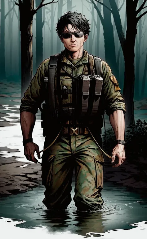 masterpiece, best quality, tw2k4estyle, a male special operations soldier wading in a dismal swamp, dark, gloomy <lora:twilight2000-beta3-clpskp2-000018:0.95>