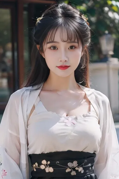 ((masterpiece、best quality))、shape、super detailed、8k、actual、sharp focus、Very detailed、professional lighting、spotlight、Colorful details、Detailed texture,A stunningly beautiful girl,(most suitable hairstyle:1.4)、(in the most helpful way:1.3)、(Half-length photo:1.4)、beautiful breasts、perfect style、Body、18 years old、Smile、wearing hanfu