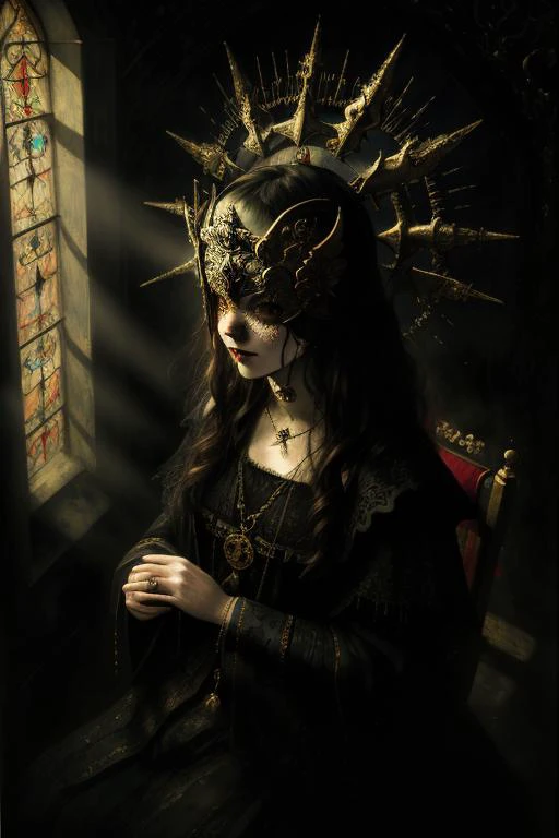 a close up oil painting of a queen on a throne wearing a halo mask, by style-gothic-horror, (high detailed skin:1.2), detailed face, sharp focus, high quality, moody, emotional, dynamic lighting, fog, particles, light coming through a stained glass window, photon mapping, realistic shadows, rembrandt, rembrandt style <lora:BlindMask_v1:1>