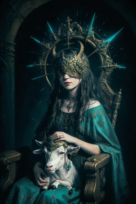 a close up oil painting of a blindfolded queen on a sitting on throne wearing a halo mask with a white goat on her lap, by style-gothic-horror, copper, turquoise, blue, (high detailed skin:1.2), detailed face, sharp focus, high quality, brightly lit, dynamic lighting, (fog:.4), particles, god rays, moonlight, moody, emotional, photon mapping, realistic shadows, rembrandt, rembrandt style <lora:BlindMask_v1:1>