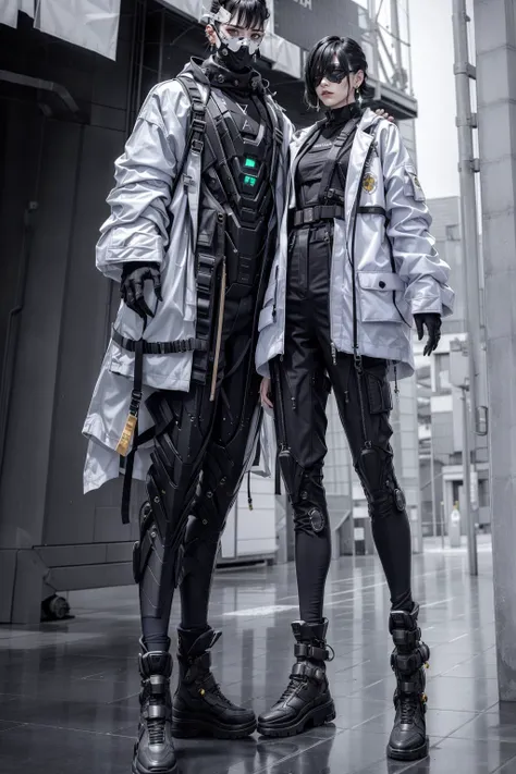 masterpiece, (photorealistic:1.4), best quality, beautiful lighting, 8k uhd, film grain, full body, asymmetrical legwear, futuristic combat pants, military boots, gray boots, crop halterneck, fingerless gloves, oversized coat, military coat, open jacket, two tone hair, cyberpunk, small fangs, side lighting, medium breasts, green eyes, helix earrings, dangling earrings, geometric earrings, fighting stance, fierce expression, futuristic city, alien world, science fiction, FUTOBOT, <lora:Futuristicbot4:0.7>, <lora:add_detail:0.5>, BLIND MASK, <lora:urbansamuraiv3testing:0.6>, <lora:BlindMask_v1:0.35>, depth of field,