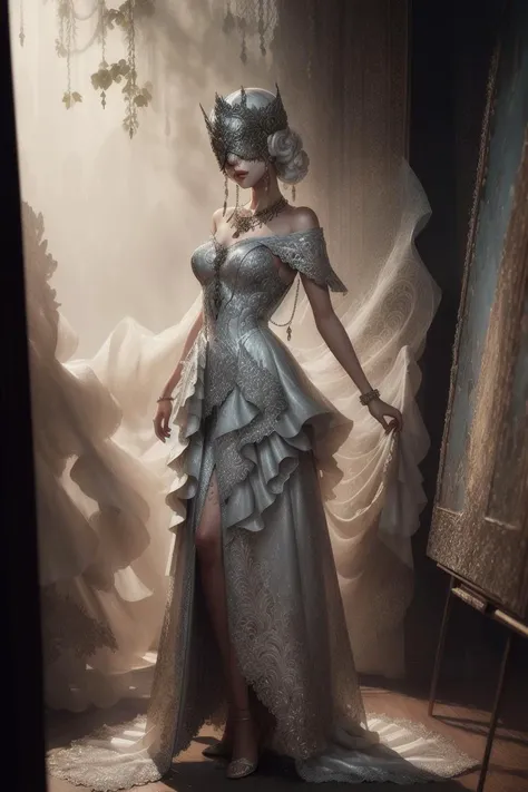 painting a woman wearing a silver blind mask, silver necklace, elegant white dress, full body, tone mapped, detailed, highly detailed, digital painting, artstation, concept art, smooth, sharp focus, beautiful illustration, photo, backlit, dynamic lighting, fog, intricate, film grain, professional, facing the viewer, <lora:BlindMask_v1:1>