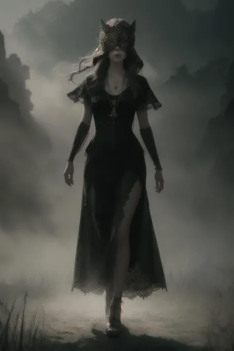 a woman wearing a blind mask, necklace, full body, tone mapped, detailed, highly detailed, digital painting, artstation, concept art, smooth, sharp focus, beautiful illustration, photo, backlit, dynamic lighting, fog, intricate, film grain, professional, facing the viewer, <lora:BlindMask_v1:1>