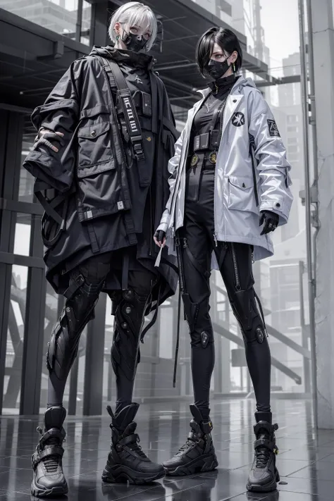 masterpiece, (photorealistic:1.4), best quality, beautiful lighting, 8k uhd, film grain, full body, asymmetrical legwear, futuristic combat pants, military boots, gray boots, crop halterneck, fingerless gloves, oversized coat, military coat, open jacket, two tone hair, cyberpunk, small fangs, side lighting, medium breasts, green eyes, helix earrings, dangling earrings, geometric earrings, fighting stance, fierce expression, futuristic city, alien world, science fiction, FUTOBOT, <lora:Futuristicbot4:0.7>, <lora:add_detail:0.5>, BLIND MASK, <lora:urbansamuraiv3testing:0.6>, <lora:BlindMask_v1:0.3>, depth of field,