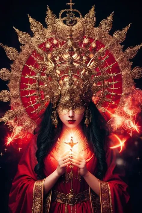 (style-fire-magic),
(Masterpiece)
a photograph of a  sorceress casting a spell wearing a halo mask,  wearing colorful red robes,  by style-opulent,
 (high detailed skin:1.2), detailed face, sharp focus, high quality, dynamic lighting, fog, particles, photon mapping,