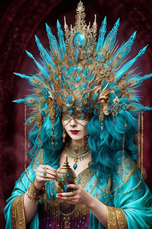 A woman in a blue dress and a gold crown holding a teal glass - SeaArt AI