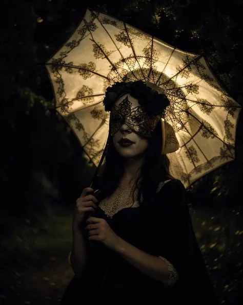 outdoors, at night, epic close cinematic , portraiture, glint backlit, lighting, dramatic, of a victorian gothic dagguerotype, tinype, vintage shot of a blindfolded woman wearing a ceramic white masquerade mask outdoors, sepia <lora:BlindMask_v1:1> holding parasol umbrella, black roses