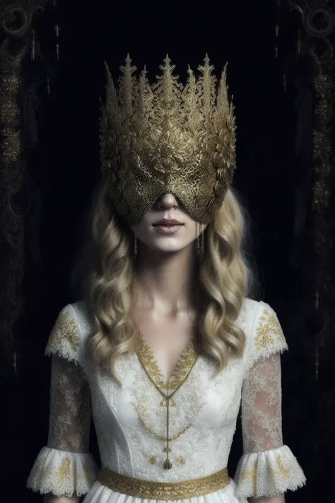 portrait a woman wearing a blind mask, blonde hair, (white dress with gold embroidery), lace trim, tone mapped, detailed, highly detailed, digital painting, artstation, concept art, smooth, sharp focus, beautiful illustration, photo, backlit, dynamic lighting, fog, intricate, film grain, professional, taken by a canon eos r5, facing the viewer, <lora:LowRA:.7>, <lora:BlindMask_v1:1>