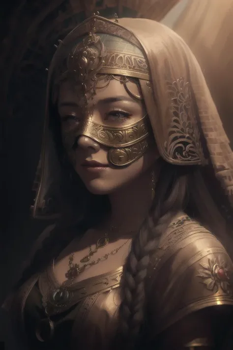 portrait, a woman wearing a blind mask, necklace, tone mapped, detailed, highly detailed, digital painting, artstation, concept art, smooth, sharp focus, beautiful illustration, photo, brightly lit, dynamic lighting, fog, intricate, film grain, professional, facing the viewer, <lora:BlindMask_v1:.4>, OldEgyptAI <lora:oldegyptai_v10:1>