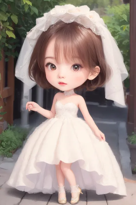((((ultra illustrated style:1.0)))),best quality,best animated,masterpiece,ray tracing, global illumination,wedding dress,chibi,1girl, solo, looking at viewer, standing, full body,outdoors,<lora:wedding:0.7> <lora:chibi:1>