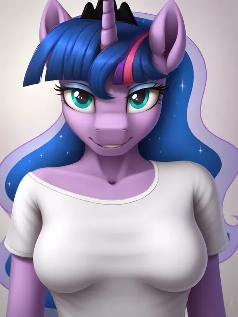 (pony), (solo), (unicorn), ((anthro twilight sparkle Fused with princess luna:1.3)), (sexy shirt), looking to you, sexy, smiling, bedroom background, medium size breast, half body image, front view,<lora:tbh-pony-real-gen3:1>,