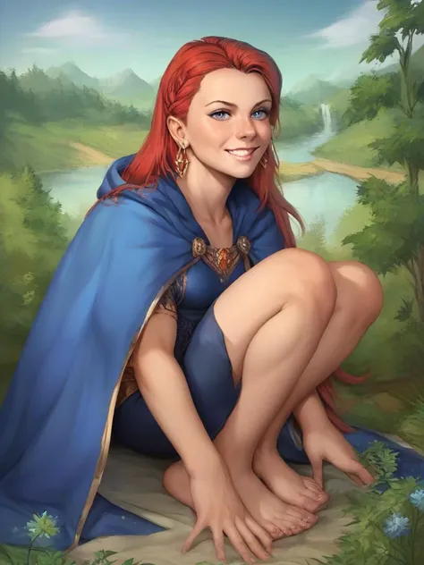 masterpiece,best quality,<lora:tangbohu-pony-real-000001:0.75>,barefoot,score_9,score_8_up,score_7_up,score_6_up,score_5_up,score_4_up,1girl, female, solo, portrait, female focus,
red hair, blue eyes, long hair, light skin, smile,
looking at viewer, outdoors,
beautiful, blue cloak, gold inlay, earrings,
BREAK
score_9, score_8_up, score_7_up, score_6_up, score_5_up, score_4_up, source_cartoon, rating_safe