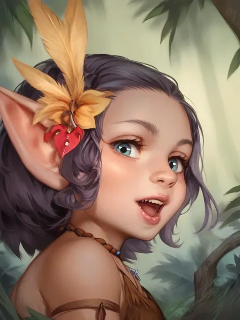 <lora:tangbohu-pony-real-v2:0.8>,score_9,score_8_up,score_7_up,rating_questionable,fantasy,cinematic lighting,
1 girl,solo,cute,(short:1.2),small body,(shortstack:1.1),goblin,tribal clothing,chibi,hair ornament,jungle,high angle,looking at viewer,tribal body paint,feather neckwear,headband,close-up,head tilt,headshot portrait,side view,mouth open,