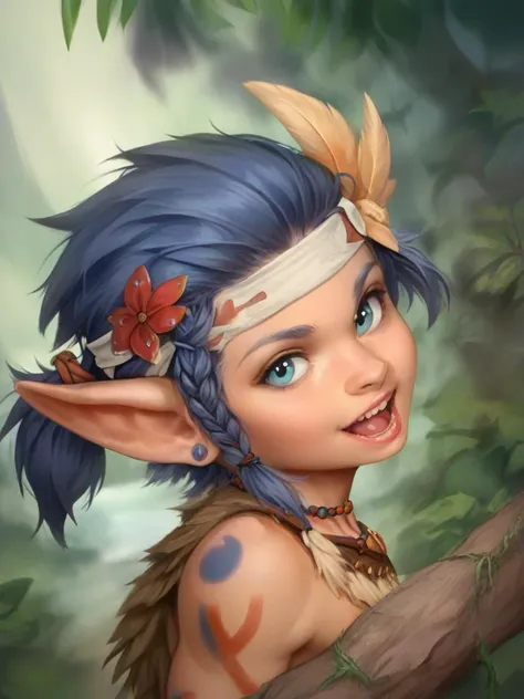 <lora:tangbohu-pony-real-v2:0.8>,score_9,score_8_up,score_7_up,rating_questionable,fantasy,cinematic lighting,
1 girl,solo,cute,(short:1.2),small body,(shortstack:1.1),goblin,tribal clothing,chibi,hair ornament,jungle,high angle,looking at viewer,tribal body paint,feather neckwear,headband,close-up,head tilt,headshot portrait,side view,mouth open,