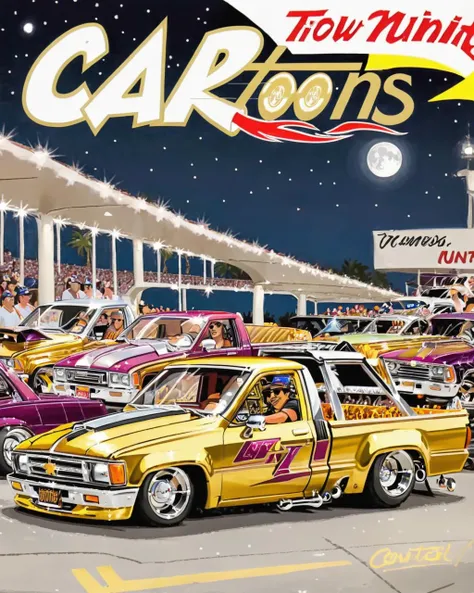 a gold m1n1trck truck on cruise night, lowrider, chrome <lora:m1n1trck_SDXL_v1_32-000010:1> <lora:retr0magz_SDXL_v1_32:1.0>