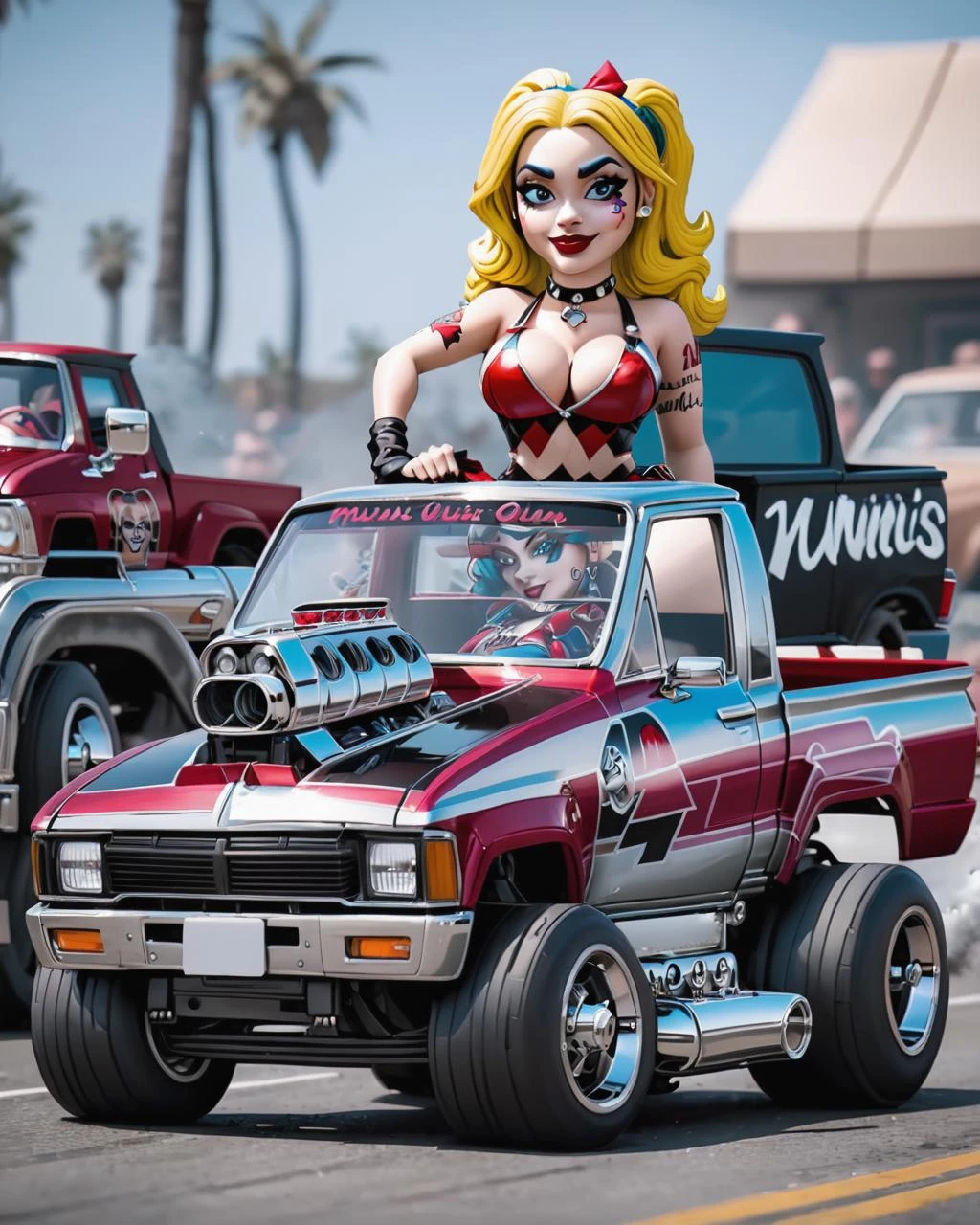 harley quinn driving a (miniature) m1n1trck truck, dslr, 8k, hyper realistic, lowrider, chrome <lora:m1n1trck_SDXL_v1_32-000010:1> <lora:M0nstrcrz_SDXL_v1_32:0.5> <lora:retr0magz_SDXL_v1_32:0.5>