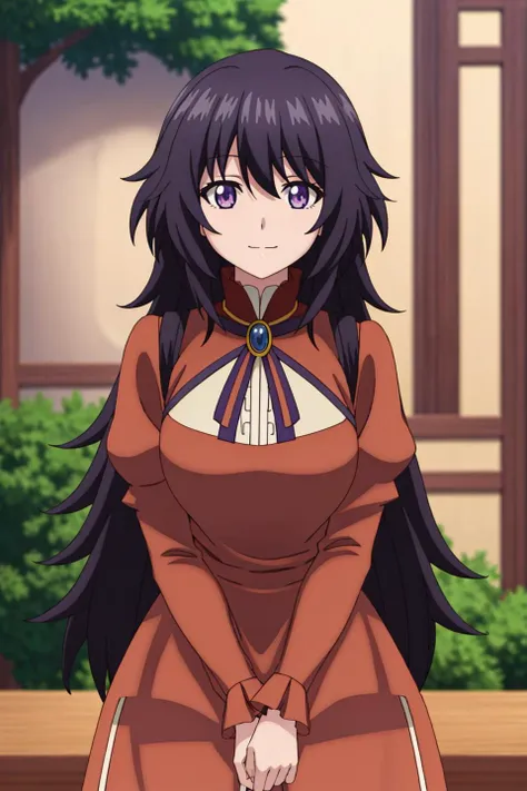 noirsmother, anime, 1girl, solo, long_hair, looking_at_viewer, smile, bangs, blue_eyes, black_hair, long_sleeves, dress, ribbon, hair_between_eyes, closed_mouth, outdoors, puffy_sleeves, blurry, tree, blurry_background, juliet_sleeves