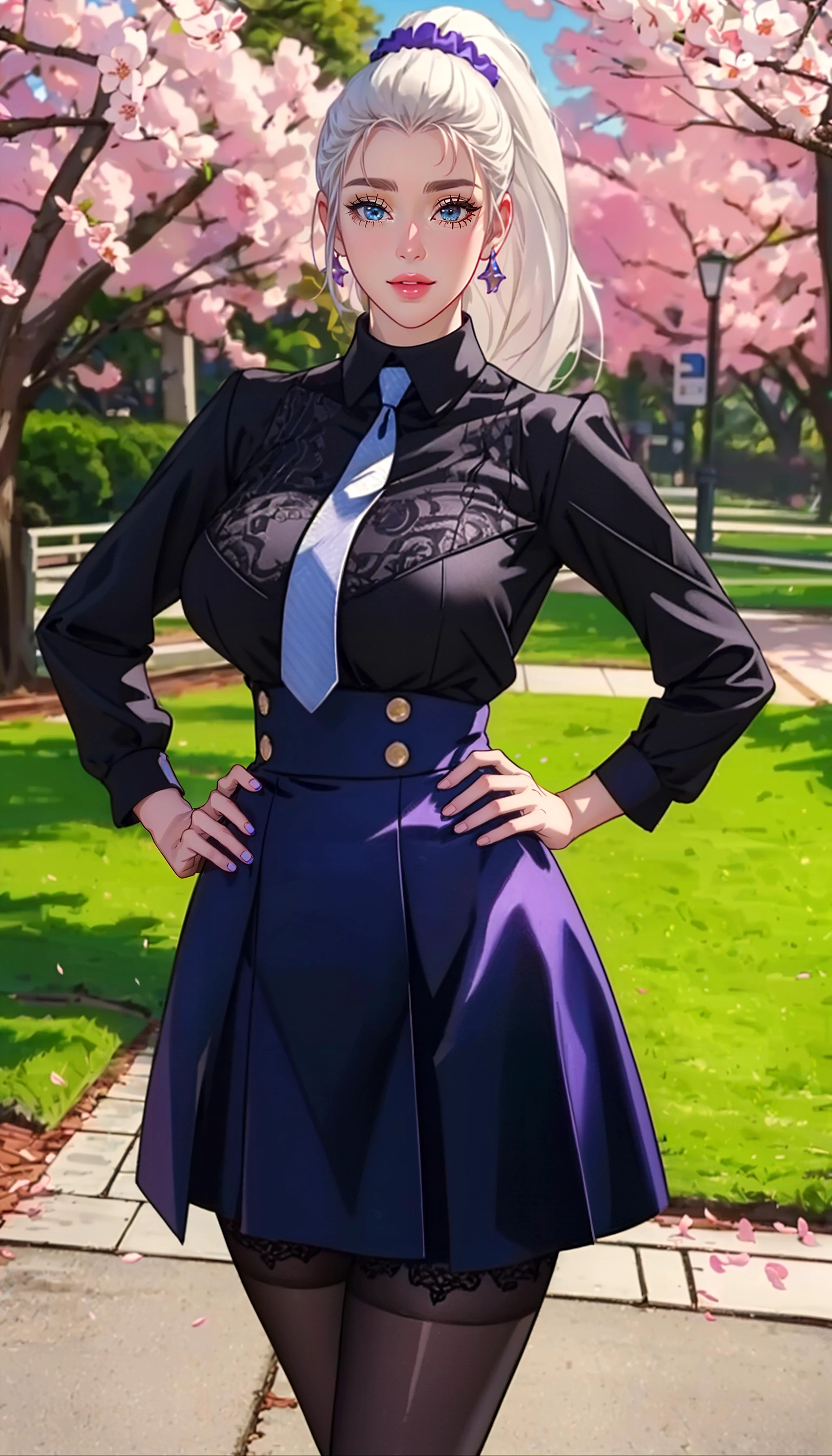 (masterpiece, realistic:1.3), (extremely intricate:1.2), (photorealistic:1.4), (extremely delicate), (ultra realistic:1.3), (cowboy shot:1.2), (modelshot style), hyperrealistic photography, extremely detailed CG unity 8k wallpaper, UHD, HDR, RAW photo, dslr, hyperrealistic 3d render, high resolution, sharp detail, realistic LUT, cinematic LUT,
<lora:ostris_HDhelper_v10:0.1>, <lora:ostris_detailSlider_v40:2>, <lora:envy_betterhands_beta2:1.2>, (pale skin, detailed skin:1.3, Glossy skin + Shiny skin:1.1), exquisite earrings, gigantic breasts, skinny body, fit body, slim, narrow waist, slim legs, long legs, <lora:simplePointedToeHeels_v20:0.2>, a pair of ggx heels, high heels, stockings, lace trim, pantyhose,
Cherry blossom trees in full bloom, (photographed on a Nikon D750 with Nikon 14-24mm lens, 30 seconds, f/3.5, ISO 4000), official art, cinemagraph, (cowboy shot:1.2),
<lora:xphg_jujutsuKaisen_meiMei_v10:0.8>, white hair, long hair, ponytail, parted bangs, hair ornament, scrunchie, purple eyes, black shirt, grey necktie, dark purple skirt, long skirt, high-waist skirt, turtleneck dress, black dress, bMei,
