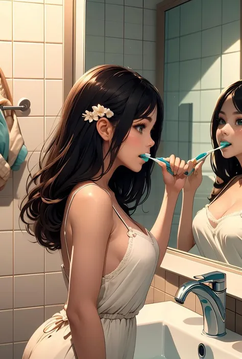 (masterpiece, best quality), 1girl, Aqua Afro, Sizes I to L breasts, <lora:girllikebrushteeth:0.8> from side, brush teeth, holding a toothbrush, reflection, mirror, looking at self, side breast, side open, loose camisole, bare thighs, sink, tile wall
