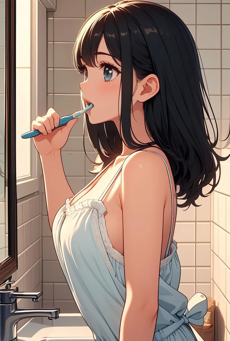 (masterpiece, best quality), 1girl, Medium blue Textured Crop with Taper Fade, big breasts, <lora:girllikebrushteeth:0.8> from side, brush teeth, holding a toothbrush, reflection, mirror, looking at self, side breast, side open, loose camisole, bare thighs, sink, tile wall