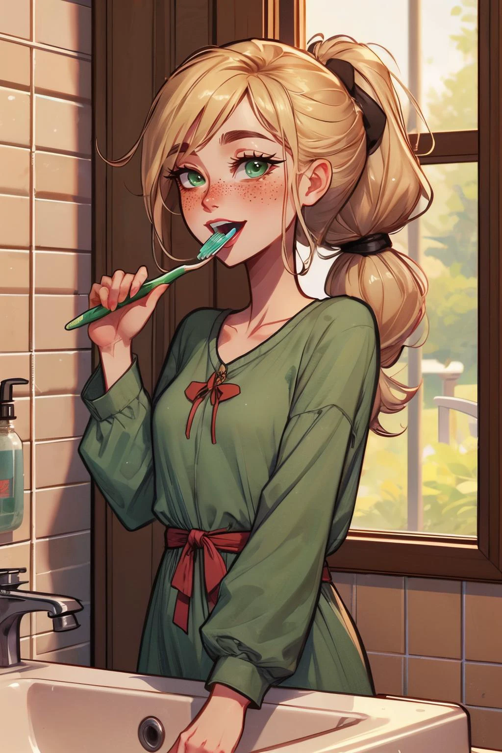 brushing teeth, reflection, mirror, holding a toothbrush, sink, tile wall, bathroom, high quality, masterpiece, <lora:girllikebrushteeth:.8>
mlpapplejack, green eyes, freckles, blonde ponytail, green pajamas, long sleeves,happy, mouth open, blush, <lora:mlp_applejack:.8>