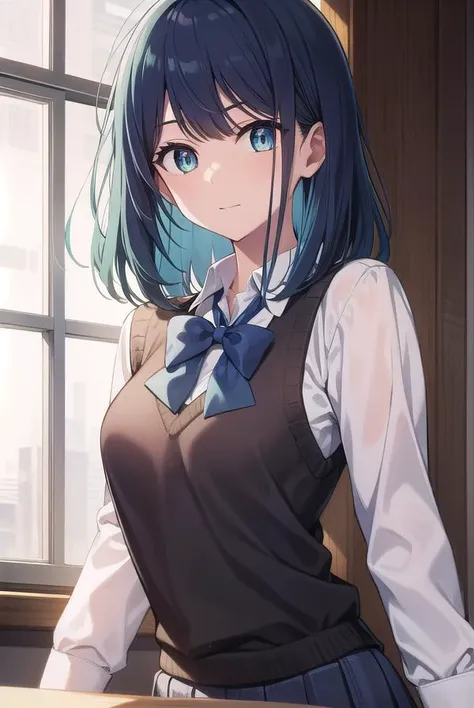 akanekurokawa, <lyco:akanekurokawa-lyco-nochekaiser:1>,
akane kurokawa, aqua eyes, blue hair, medium hair, sidelocks,
BREAK black sweater vest, blue bow, blue bowtie, bow, bowtie, collared shirt, long sleeves, puffy sleeves, school uniform, shirt, sweater vest, white shirt,
BREAK looking at viewer,
BREAK indoors, classroom,
BREAK <lyco:GoodHands-beta2:1>, (masterpiece:1.2), best quality, high resolution, unity 8k wallpaper, (illustration:0.8), (beautiful detailed eyes:1.6), extremely detailed face, perfect lighting, extremely detailed CG, (perfect hands, perfect anatomy),