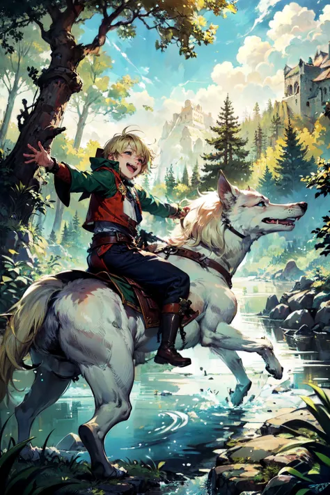 2d, Anime, close-up portrait, ((little boy riding on giant wolf)), ((white fur)), green eyes, laughing, happy ((short blonde hair)), (royal fantasy medieval clothing), fluffy clouds, blue sky, planets, intricate details, forest and river background, bright colors, (masterpiece, high resolution, best quality), ((picture-perfect)),