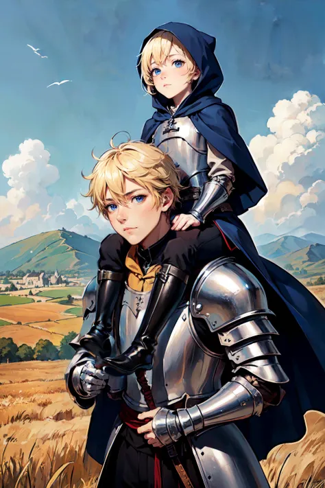 close-up portrait, ((2boys)), piggyback ride, two arms, short blonde hair, detailed blue eyes, (hooded medieval cloak, armor,), medieval pants, boots, field of grain, sunny, fluffy clouds, blurred castle background, (masterpiece, high resolution, best quality), 2d, anime, ((picture-perfect)),