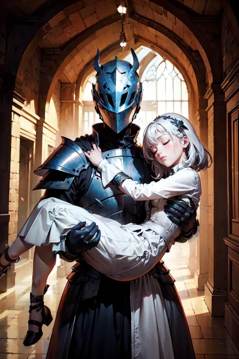 2D, Anime, close-up, ((armored knight carrying a sleeping girl)), white hair, dress, princess carry, (knight wearing helmet), castle hallway background, medieval fantasy, bright colors, cinematic lighting, (masterpiece, high resolution, best quality), ((picture-perfect)), <lora:princess_carry_v0.1:1.1>,