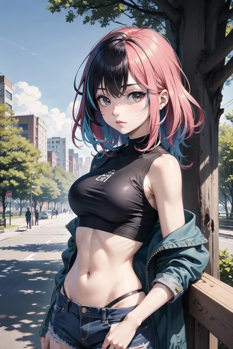 2D, Anime, (1 girl with colorful hair), Multicolored hair, (Pink hair:0.5), (Black Hair:0.5), (Tilted head), (closed mouth), Adult, ripped Jeans, crop top, park background, Trees, shrubbery, scenery