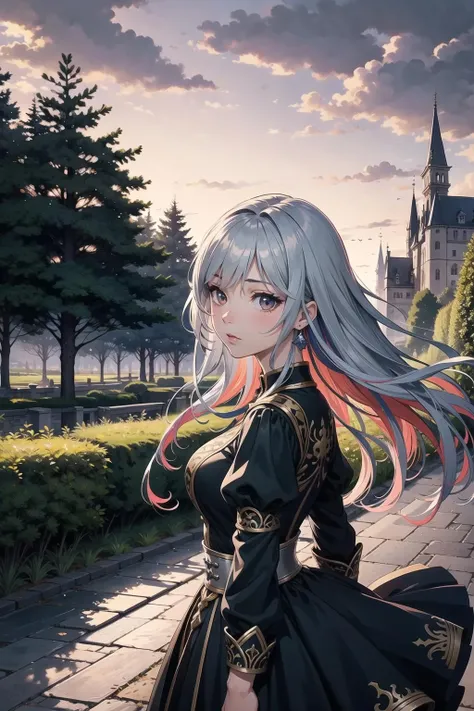 2D, Anime, (1 girl with long colorful hair), Multicolored hair, (Pink hair:0.5), (Black Hair:0.5), (Tilted head), (closed mouth), Adult, Ornate Dress with silver details, Castle background, Trees, shrubbery, scenery , Blurred background, Dark sky, Dynamic perspective