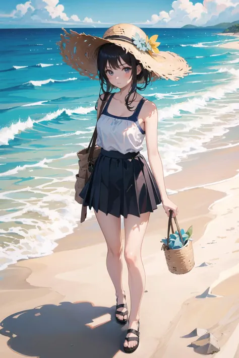 (1 girl on a beach), One piece swimsuit, skirt, Beach hat, Ocean, Beach background,