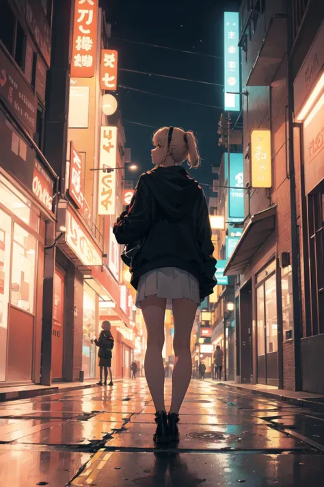 (1 girl standing on a city street), (From behind), Neon lights, orange lights,