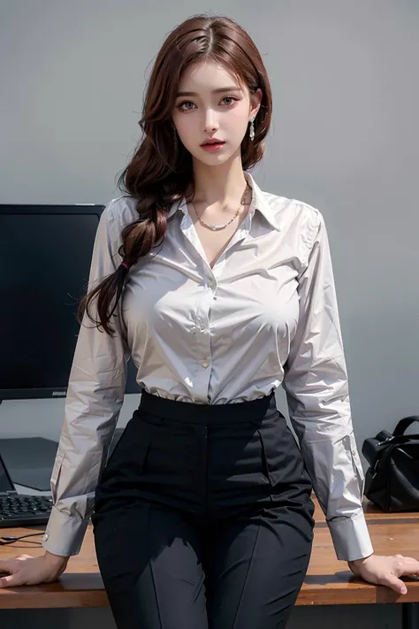 masterpiece,best quality,ultra-detailed,(photorealistic:1.3),realistic,8K,RAW photo,detailed skin,glossy skin,detailed eyes,big eyes,1girl,beautiful body,cute,erotic,beautiful face,(narrow waist:1.2),perfect figure,lip gloss,eyelashes,earrings,necklace,full body,big boobs,<lora:TWbabe10:0.4>,makimacsm,eye_focus,<lora:MakimaCSM:0.9>,shirt,long sleeves,a white shirt,collar shirt,pants,behind the arm,black pants,formal,suit,behind the arm,stuff the shirt in,face outward,office lady,suit,HIGH WAIST,long red hair,sit,nsfw,
