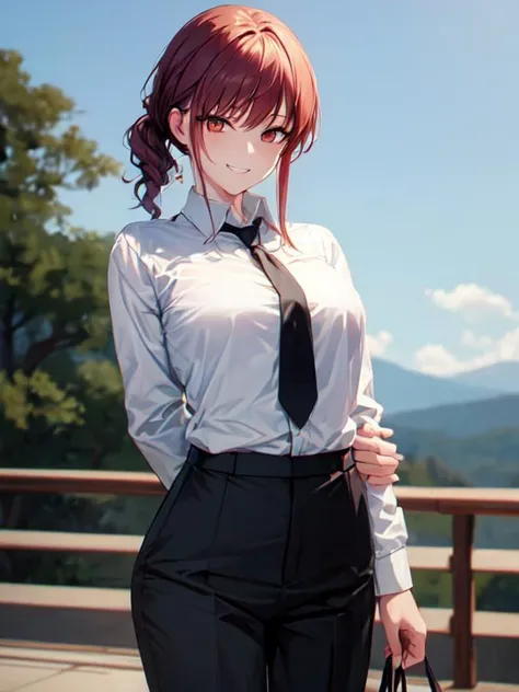 <lora:ChromaticAberration:0.45> <lora:add_detail:0.27> <lora:MakimaCSM:0.9> ((best quality)), ((masterpiece)), (detailed), absurdres, HDR, dynamic pose, cowboy shot, grin, MakimaCSM, eye focus, solo, breasts, smile, shirt, medium_breasts, white_shirt, outdoors, necktie, sky, collared_shirt, pants, arms_behind_back, black_pants, formal, cloudy_sky, suit, black_necktie, shirt_tucked_in, detailed skin texture, (blush:0.2), (goosebumps:0.3), subsurface scattering