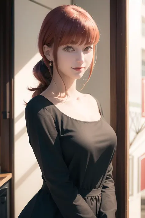 masterpiece, (photorealistic:1.4), best quality, beautiful lighting, MakimaCSM, solo, breasts, looking_at_viewer, smile, long_sleeves, dress, medium_breasts, collarbone, upper_body, black_dress, halo, eye_focus, RAW photo, 8k uhd, film grain, <lora:MakimaCSM:1.2>
