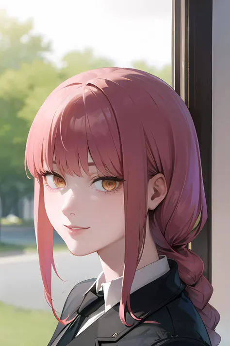 masterpiece, best quality, ultra-detailed, Potrait of beautifulMakimaCSM, solo, looking_at_viewer, smile, shirt, jacket, white_shirt, necktie, collared_shirt, black_jacket, looking_to_the_side, formal, suit, black_necktie, eye_focus,  volumetric lighting, best quality, masterpiece, intricate details, tonemapping, sharp focus, hyper detailed, trending on Artstation, <lora:MakimaCSM:1.2>