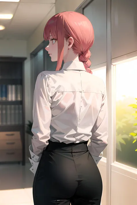 masterpiece, best quality, ultra-detailed, Potrait of beautiful MakimaCSM, solo, shirt, long_sleeves, white_shirt, collared_shirt, pants, from_behind, arms_behind_back, black_pants, formal, suit, arm_behind_back, shirt_tucked_in, facing_away, office_lady, business_suit, high-waist_pants, volumetric lighting, best quality, masterpiece, intricate details, tonemapping, sharp focus, hyper detailed, trending on Artstation, <lora:MakimaCSM:1.2>