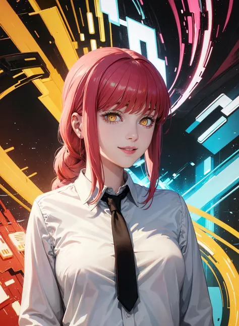 <lora:MakimaCSM:1.2>,(masterpiece, top quality, best quality, official art, beautiful and aesthetic:1.2), (1girl:1.3), glitch art, (digital distortion), pixelated fragments, data corruption,colorful noise, visual chaos,contemporary aesthetics,(upper-body), looks at the viewer, looking at viewer, makima, black necktie, white shirt, black pants, red hair, yellow eyes, detailed eyes, detailed face, eyes focus, ringed eyes, smile