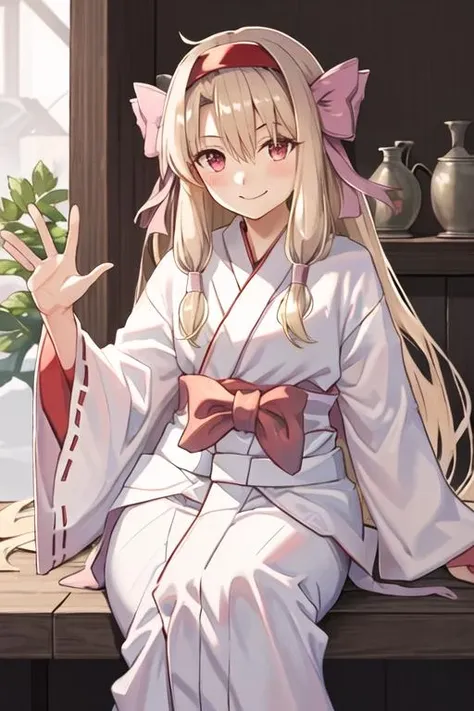 best quality, masterpiece, highres, solo, {white kimono:1.35}, {red hakama:1.35}, {wide sleeves:1.20}, {sitonai_fgo:1.15}, long_hair, bangs, hairband, red_eyes, blush, sidelocks, smile, bow, hair_between_eyes, hair_bow, pink_hairband, purple_hairband, very_long_hair, light_brown_hair, blonde_hair