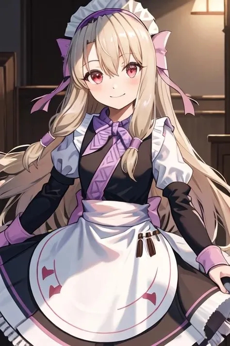 best quality, masterpiece, highres, solo, {maid:1.40}, {long maid dress:1.15}, {sitonai_fgo:1.15}, long_hair, bangs, hairband, red_eyes, blush, sidelocks, smile, bow, hair_between_eyes, hair_bow, pink_hairband, purple_hairband, very_long_hair, light_brown_hair, blonde_hair