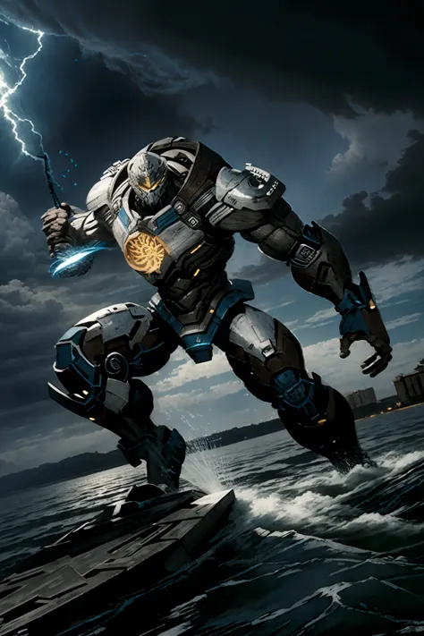 giant robot was-jaeger, running, blue bulky armor, glowing armor, glowing eyes, pacific rim, wave, water splashes , dark sky, night
Extreme Ultra Mode , dynamic pose, dynamic view,
kaiju
dramatic lighting,
best quality, masterpiece,
photorealistic, 35mm films, depth of field,
zhongfenghua, from above, weapon
<lora:zhongfenghuaxiyou-000018:0.7> <lora:add_detail:1>