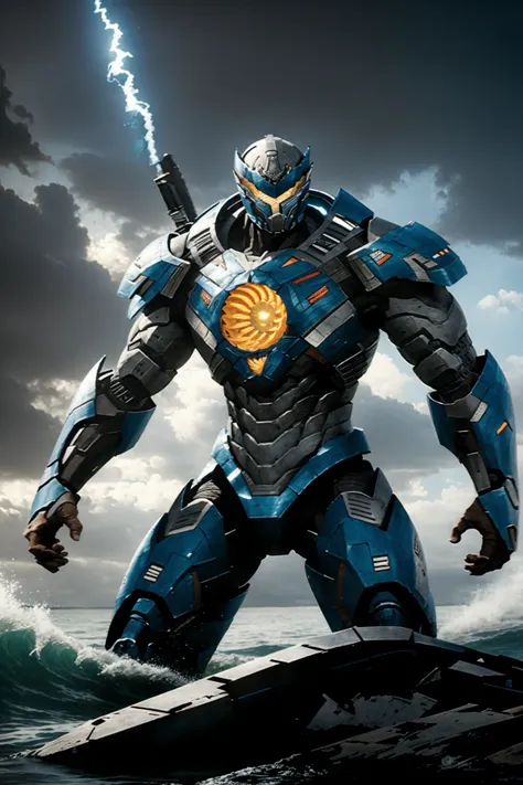 giant bulky robot was-jaeger, blue armor,  glowing armor, glowing eyes, pacific rim, wave, water splashes , dark sky, night
Extreme Ultra Mode , 
kaiju 
dramatic lighting,
 best quality, masterpiece, 
photorealistic, 35mm films, depth of field,  
zhongfenghua, from side, weapon
<lora:zhongfenghuaxiyou-000018:0.5>