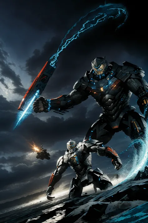 giant robot was-jaeger, running, blue bulky armor,  glowing armor, glowing eyes, pacific rim, wave, water splashes , dark sky, night
Extreme Ultra Mode ,  dynamic pose, dynamic view,
kaiju 
dramatic lighting,
 best quality, masterpiece, 
photorealistic, 35mm films, depth of field,  
zhongfenghua, from side, weapon
<lora:zhongfenghuaxiyou-000018:0.7>   <lora:add_detail:1>