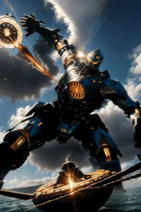 giant bulky robot was-jaeger, walking in the ocean, dark room, dim light,  Extreme Ultra Mode  
dramatic lighting,
 best quality, masterpiece, 
photorealistic, 35mm films, depth of field,  
zhongfenghua, from below, weapon
<lora:zhongfenghuaxiyou-000018:0.7>  <lora:add_detail:1>