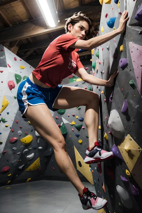 woman, short hair, athletic, wearing a sports top, shorts, sneakers, climbing, leg raised, bouldering gym, indoors, from_below, heavy breathing, serious, blush, sweating, close up,
bright lighting, extreme detail, hdr, realistic detail, <lora:bouldering_gym_v1:.6>