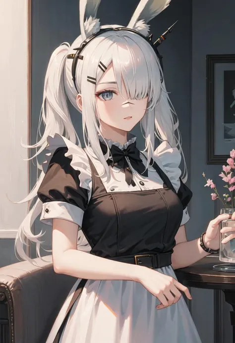 best quality, masterpiece, highres, solo, {frostnova_arknights:0.90}, {maid:1.40}, {long maid dress:1.15}
